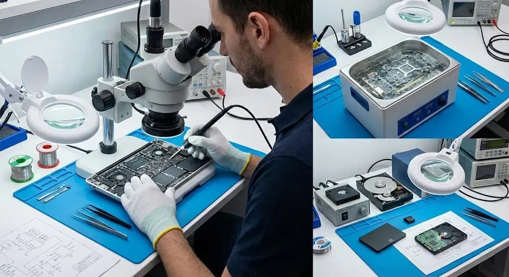 Techniker untersucht ein MacBook-Logicboard unter dem Mikroskop, daneben Ultraschallreinigung und Festplatten-Diagnose