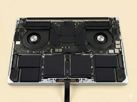 Geöffnetes MacBook Pro von innen mit Lüftern und sechs Akkuzellen